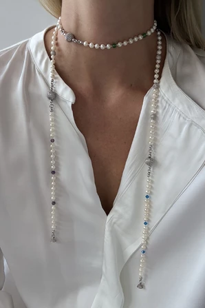CHARLOTTE длинное колье из жемчуга, минералов, Swarovski, на замке-магните с фианитами. — фото 2
